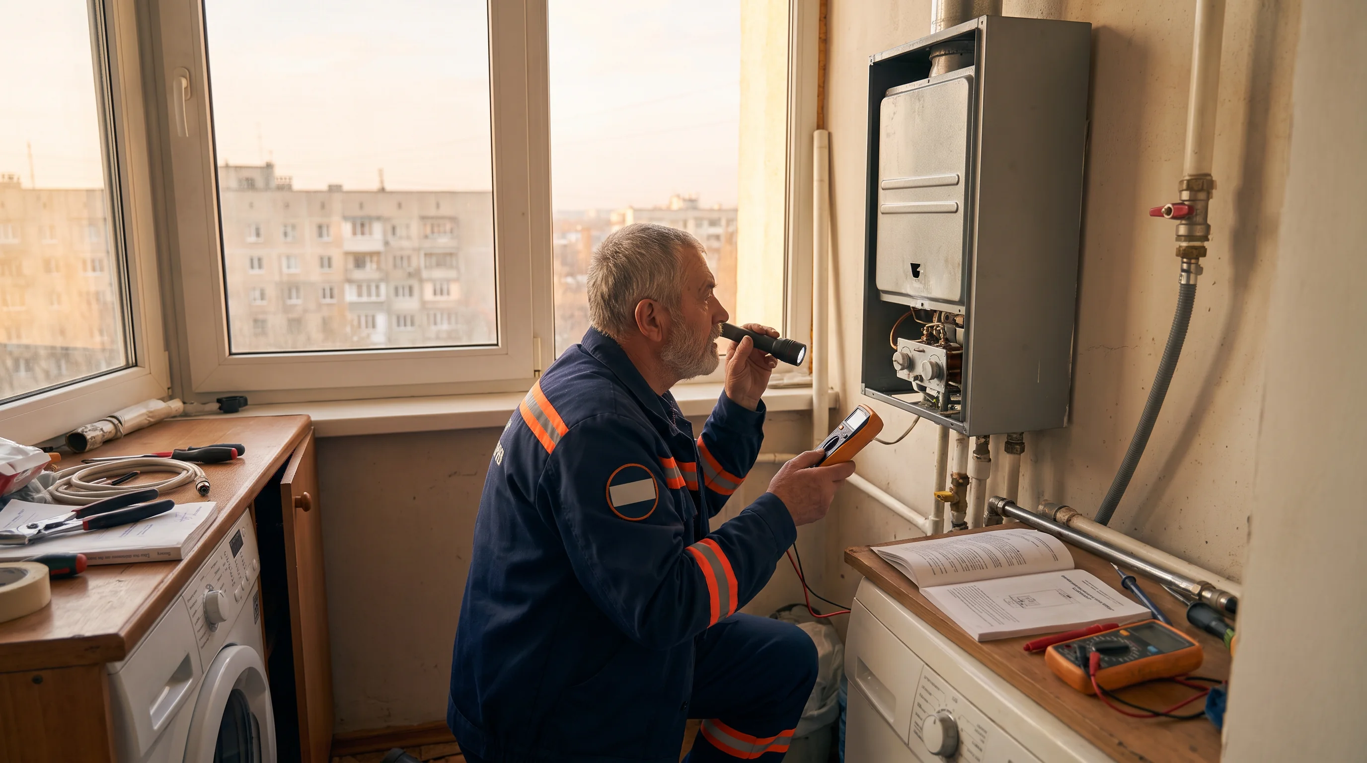 Майстер оглядає газову колонку біля кухонного вікна